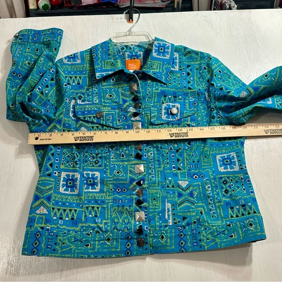 Hearts of Palm Petite 10P Turquoise Aztec Print Studded Cotton Stretch Jacket - Picture 4 of 9